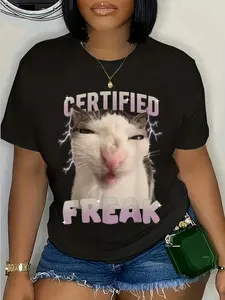 100% Cotton Unisex Cat Meme Certified Freak Eat Cement Cursed Cat Funny T-Shirt