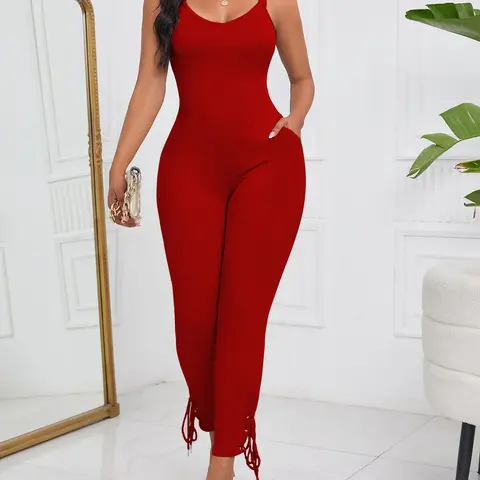 Women's Sleeveless Spaghetti Strap Knit Fashion Jumpsuit, Round Neck Slim Fit Drawstring Ankle Length, Sexy Casual Plain Minimalist Style, All Seasons