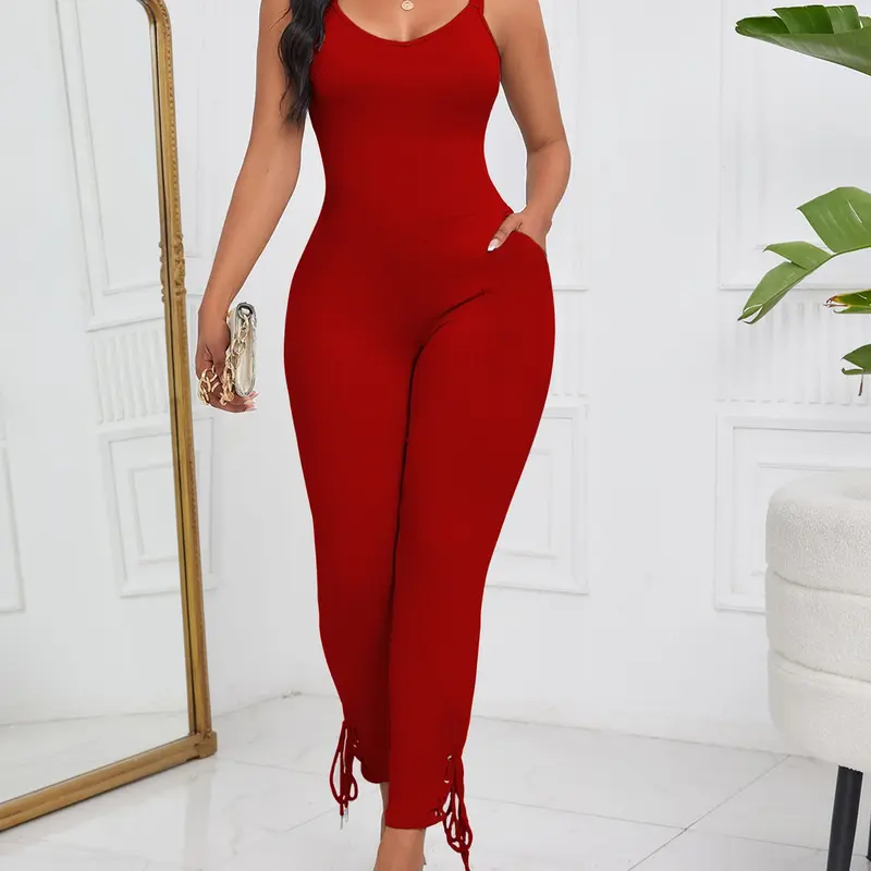 Women's Sleeveless Spaghetti Strap Knit Fashion Jumpsuit, Round Neck Slim Fit Drawstring Ankle Length, Sexy Casual Plain Minimalist Style, All Seasons