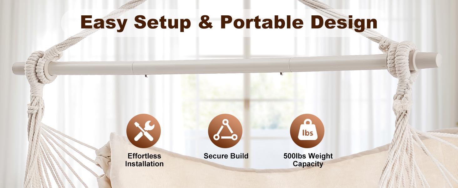 Hammock Chair Hanging Rope Swing, Max 500 Lbs, 2 Cushions Included, Large Macrame Hanging Chair with Pocket for Superior Comfort & Hardware Kit