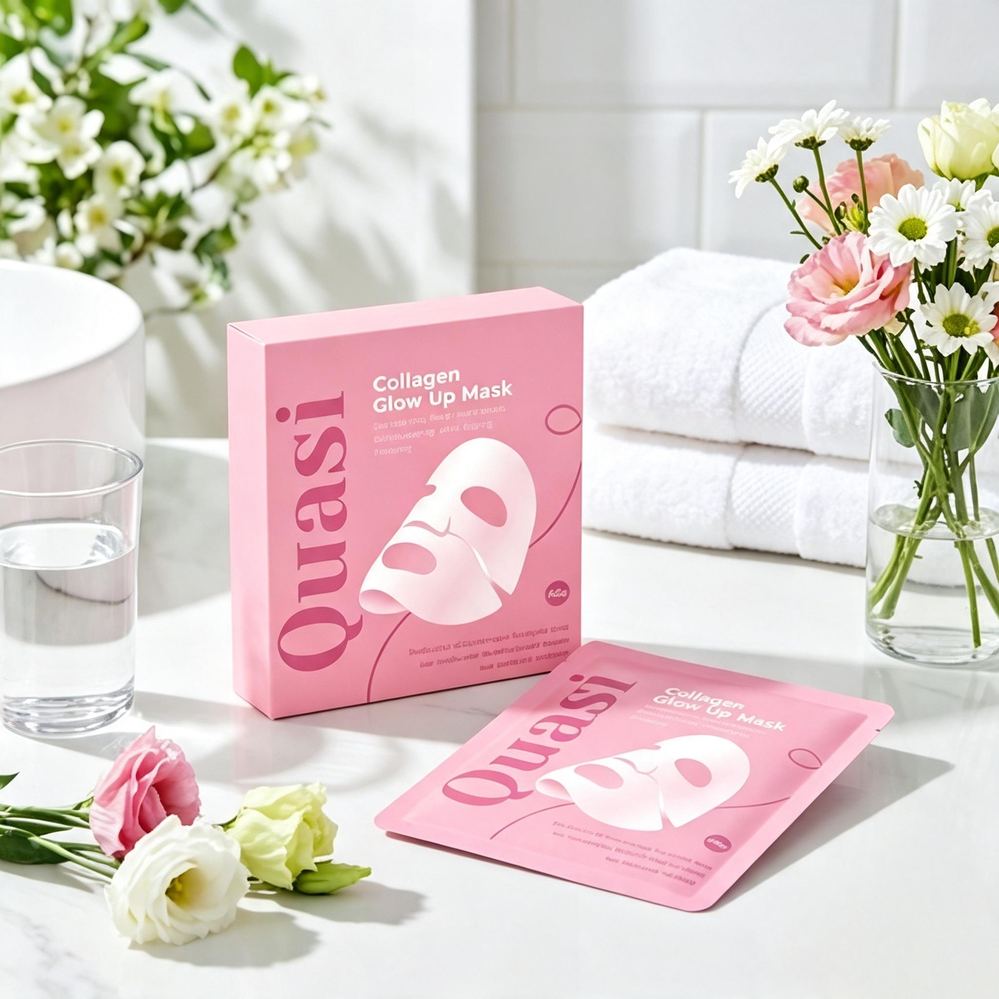 Quasi Collagen Glow Up Mask 2.0, Quasi BioCollagen Face Mask, Firm Skin Deep HydratingMasks for Wrinkle Reduction and PoreMinimization - Glow like Glass Skin (1 Box × 4Pcs)