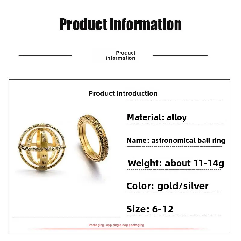 Foldable Astronomical Sphere Ring for Men Women, Vintage 2-in-1 Armillary Sphere Ring Necklace, Creative Cosmic Zodiac Engraved Deformable Ball Ring, Unique Couple Jewelry Gift for Astronomy Lovers