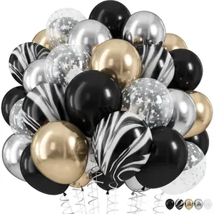 Black Gold Silver Balloon Set, 12 Inch Marble Black and Metallic Chrome Gold Silver with Clear Star Print Grad Latex Balloons for Boy Girls Birthday Party Graduation Retirement Shower Decorations