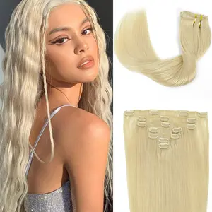KEPHARE Clip In Hair Extensions Bleach Blonde 12A Double Weft 7pcs Real Human Hair Straight Salon Quality Hairpiece full head coverage straight 14 inch