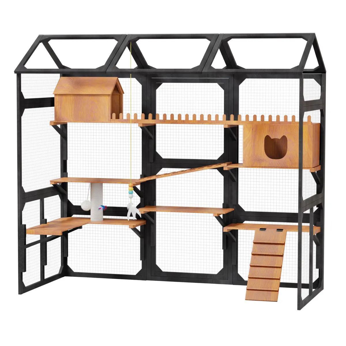 Aobtkel Large Solid Pine & Metal Outdoor Catio - Multi-Level Outdoor Kennel with 2 Plant Stands, Weather-Resistant Roof, Resting Box, Climbing Ramps, Wire Mesh, Hanging Pom-Pom Toys, Left/Right Door, 107.87x35.04x73.62in Black for Backyard Patio