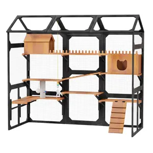 AobtkelLarge Wooden Catio - Outdoor/Outside Multi-Level Cat Enclosure with 2 Plant Stands, Weather-Resistant Roof, Resting Box, Climbing Ramps & Wire Mesh for Backyard Patio, Black
