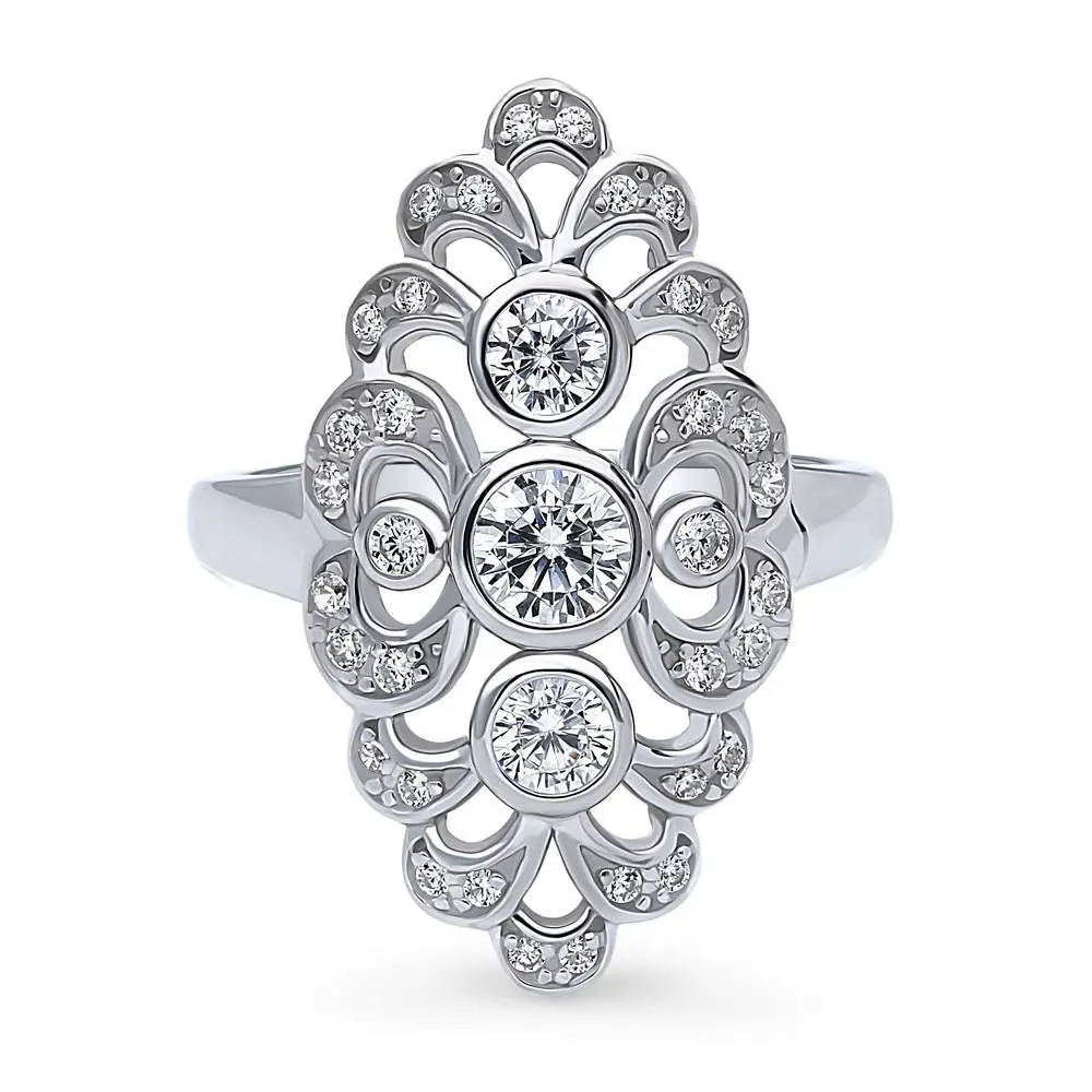 BERRICLE Sterling Silver Navette Art Deco Statement Cocktail Ring for Women, Cubic Zirconia CZ