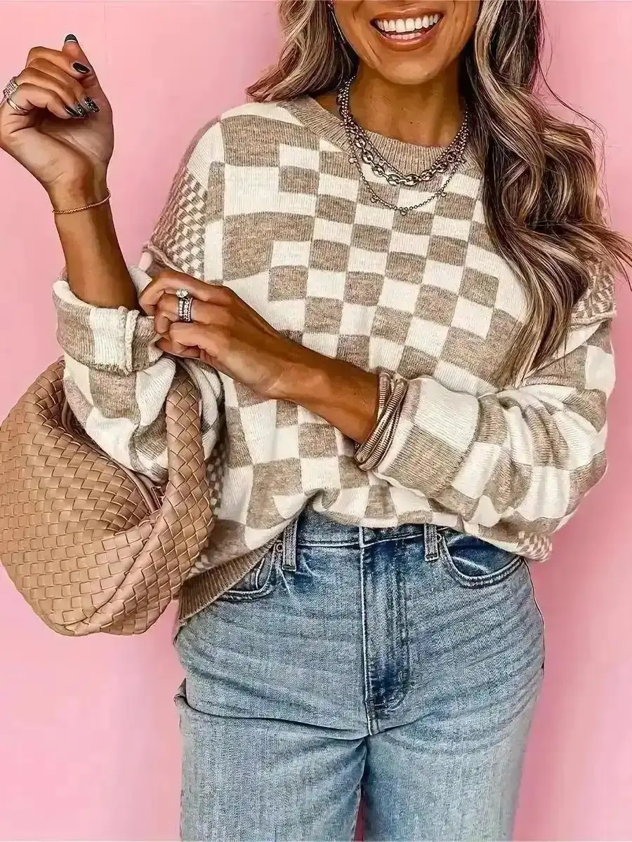 Exquisite 2026 Women's Round Neck Plaid Knit Sweater, Loose Long Sleeve Vintage Colorblock Top for Casual Fall & Winter Streetwear, Casual Day, Athleisure, Nightlife, Vacation Vibes, On Trend, Party Season, Chic