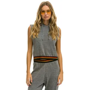 LOGO STRIPE SLEEVELESS CROP PULLOVER HOODIE - HEATHER GREY