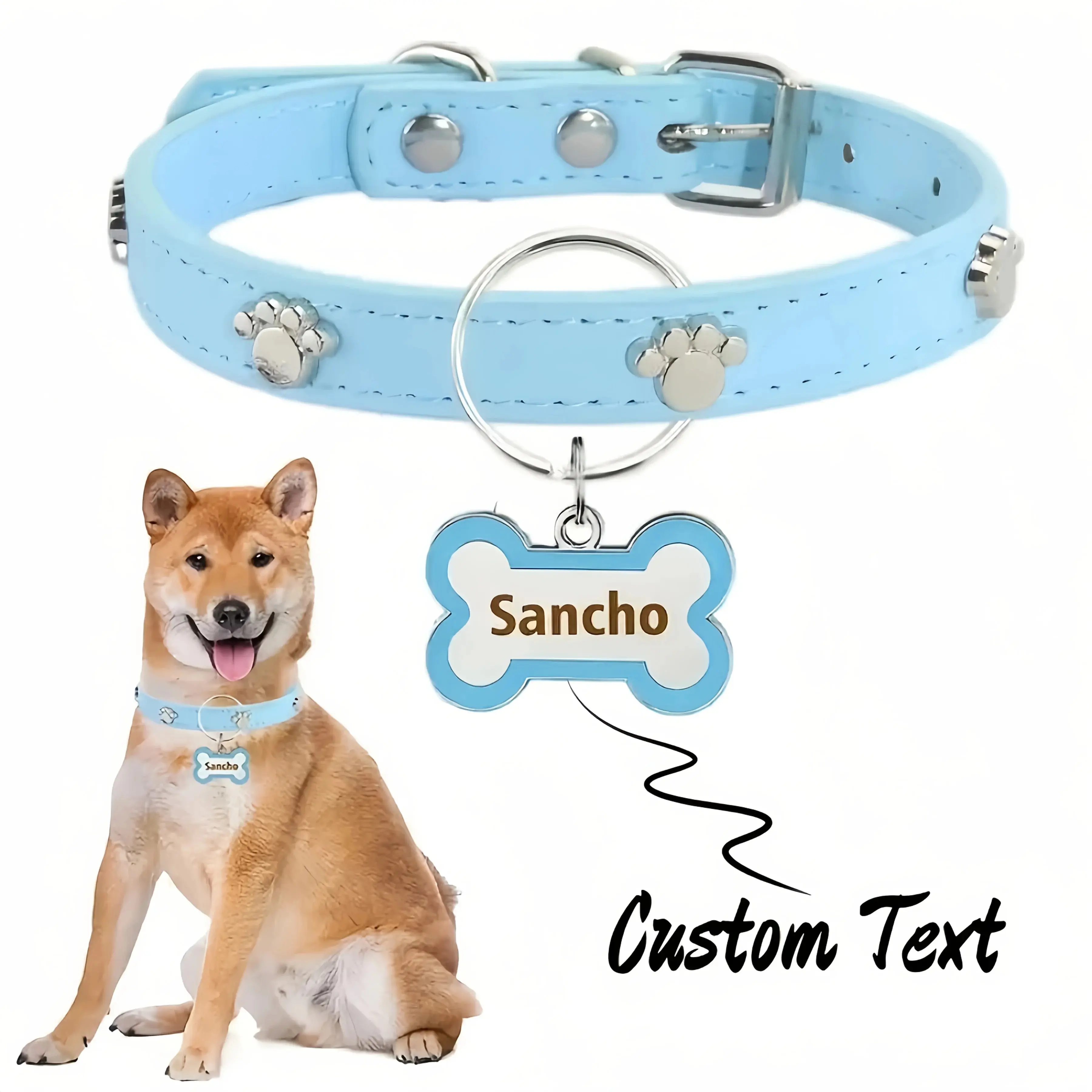 Customized Leather Dog Collar With Bone-Shaped Pet Tag, Double-Sided Engraved Pet Name And Phone, Metal Decoration Anti-Lost Foo