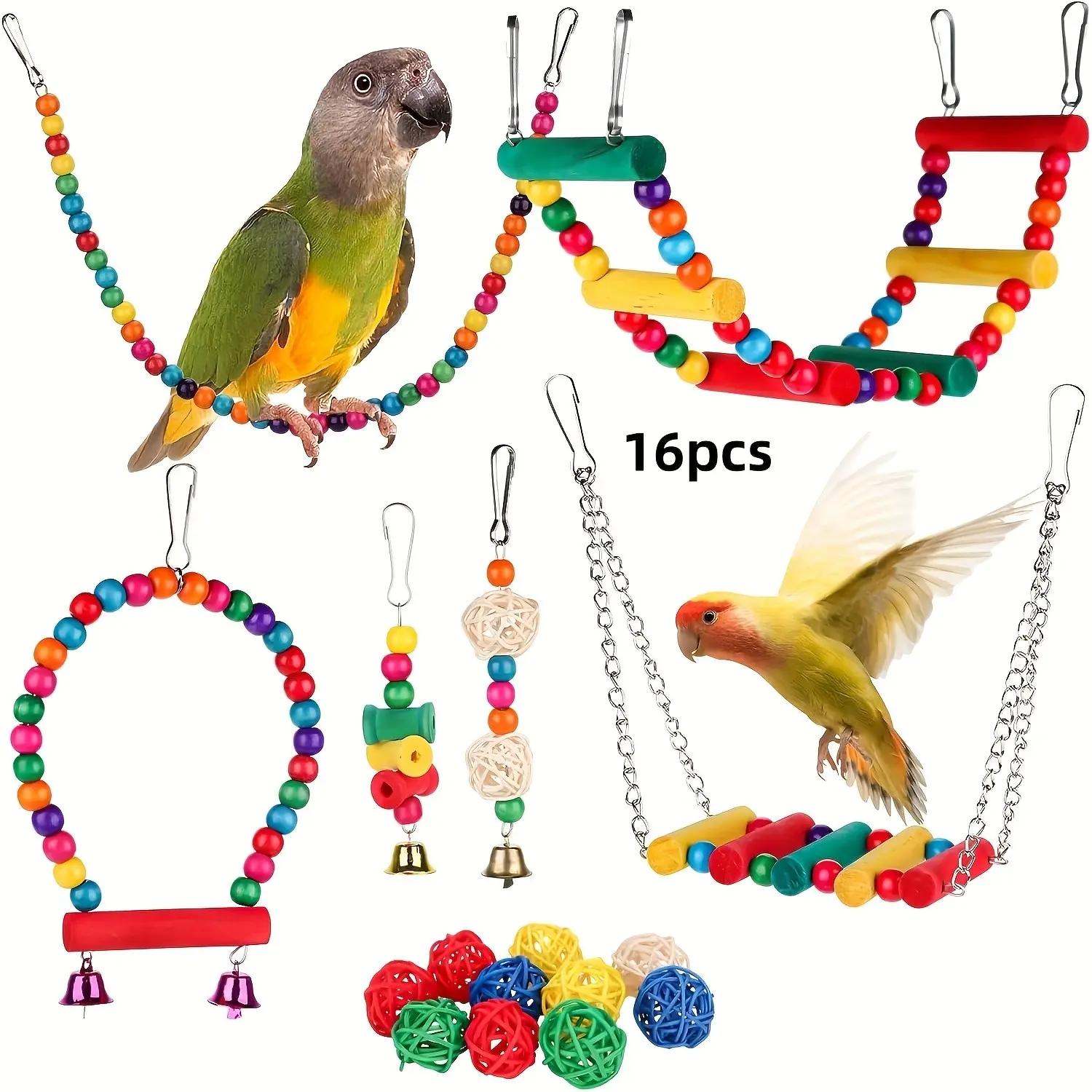 16-Piece Bird Toy Set for Long-Tailed Parrots, Love Birds Chew & Gnaw Toys, Wooden Blocks, Swing Stairs Ladder Vine Ball Material