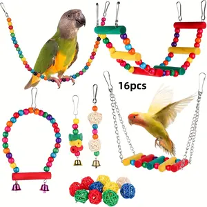 16-Piece Bird Toy Set for Long-Tailed Parrots, Love Birds Chew & Gnaw Toys, Wooden Blocks, Swing Stairs Ladder Vine Ball Material