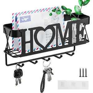 Key Holder for Wall - Key Rack with 5 Key Hooks, 11.02" Lx2.75" Wx4.92" H, Key and Mail Organizer Wall Mount with Mesh Basket, Key Hanger for Wall, Entryway,  Decor(Matte Black)