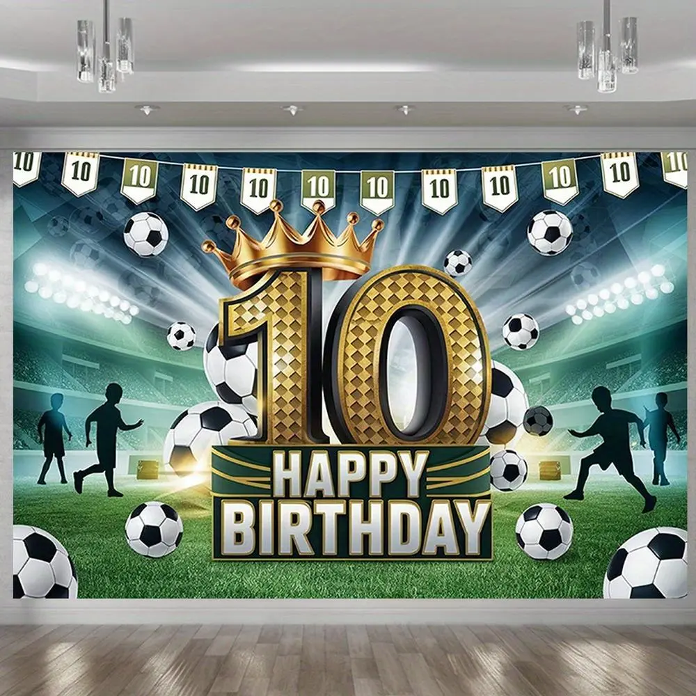 1pc Modern Farmhouse Football Print 10th Birthday Party Banner - Amber Glow Polyester Luminous Number Backdrop, Soccer Field Design, Golden "10" & Trophy Decor, Green & White Text, Ideal for Home, Wall,summerwins