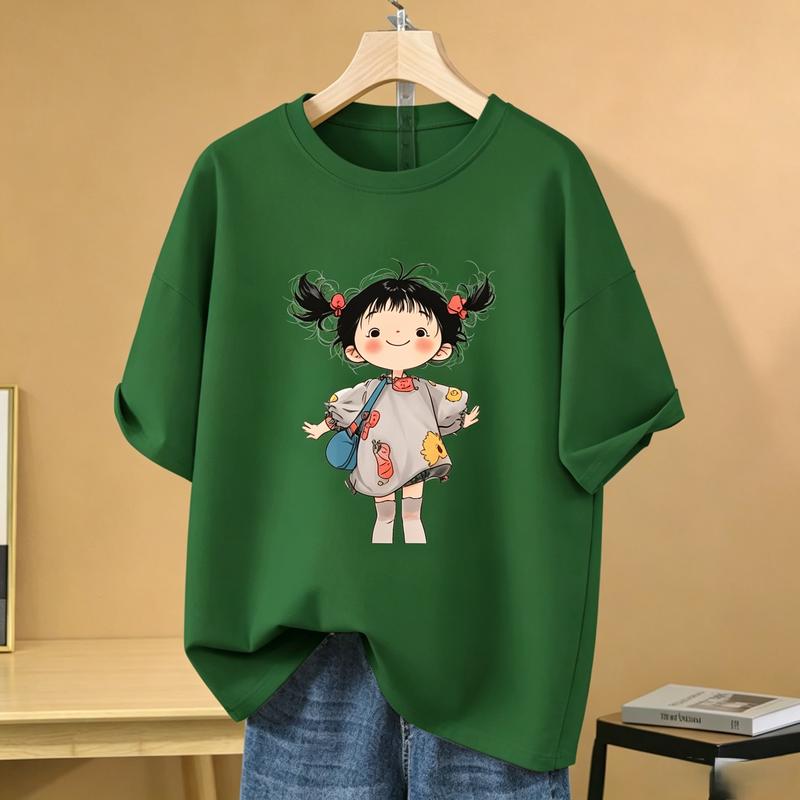 Women's 100% Soft Cotton H-Type Oversized Crew Neck Short-Sleeve Graphic Shirt - S-5XL Loose Fit, Cute Cropped Patchwork Print, Heat Transfer Skating Girl Art, Casual Streetwear, Color-Sorted Wash, No Bleach, Everyday Fabric