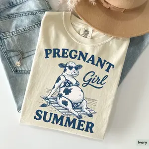 Comfort Colors Pregnant Girl Summer Shirt, Funny Pregnancy Shirt, Maternity Summer Tee, Cute Farm Cow Graphic, Cute Pregnancy Gift, Cow Tee