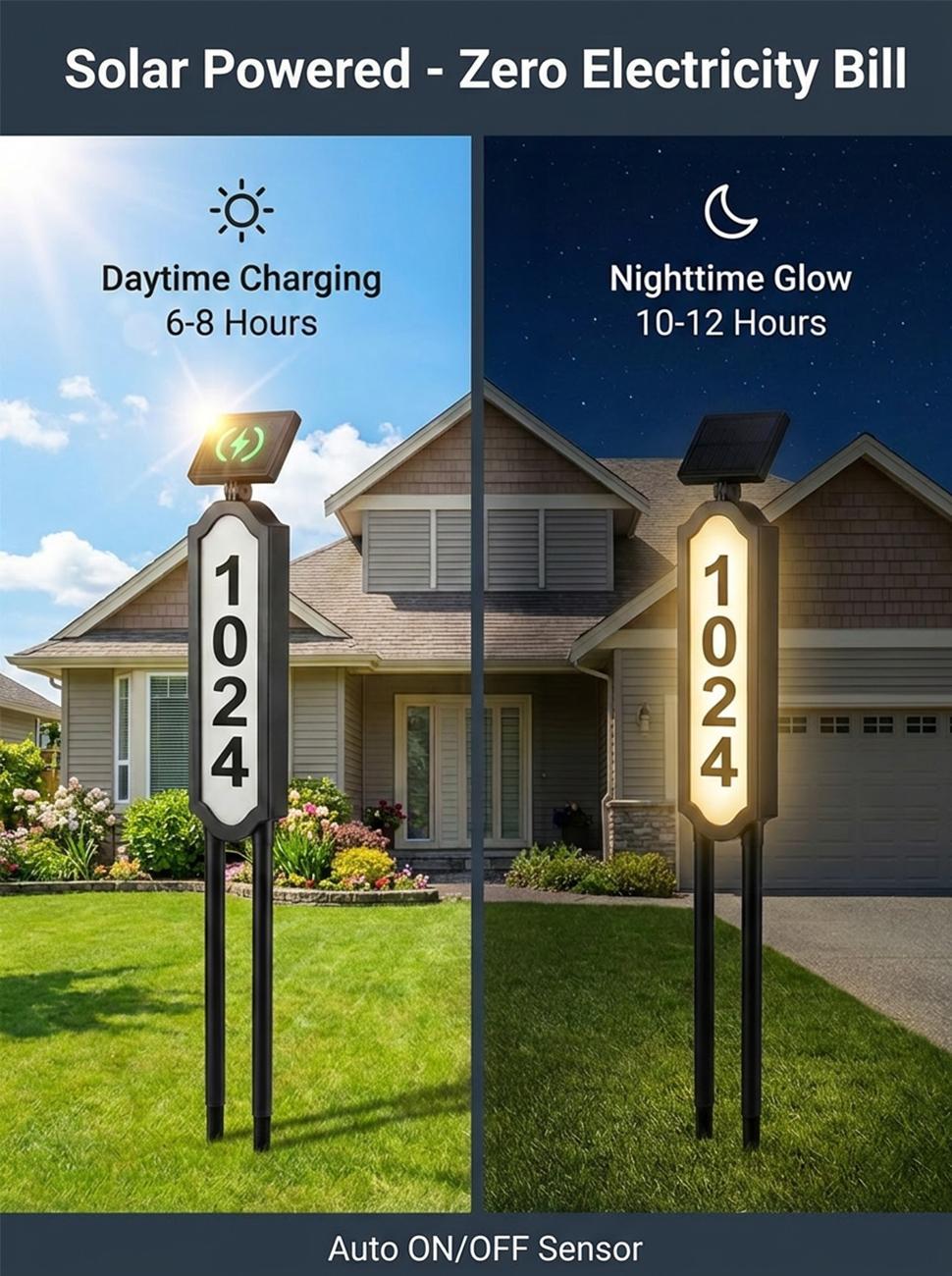 Solar Address Sign, Lighted House Numbers, Waterproof Solar Powered LED Address Plaque for Easy Delivery & Night Visibility, Outdoor Illuminated House Number Sign for Front Yard & Driveway, Wall-Mounted or Ground Stake, 3 Light Modes, #backtoschool