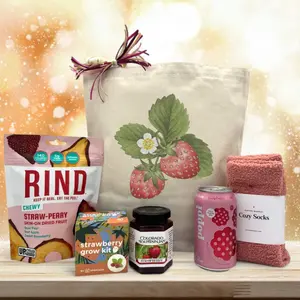 Itsonlynaturalgifts You Are Berry Loved Gift Basket with Strawberries Tote Rind Chewy Orchard Blend Dried Fruit Lavender Grow Kit & Cozy Socks Perfect for Valentine's Day