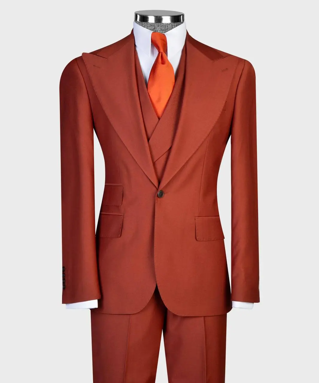 Men's Terracotta Red 3-Piece Suit, European Slim Fit Formal Wear in Super 200S Wool Fabric with 1-Button Jacket, Double Waistcoat & Trousers, Pants