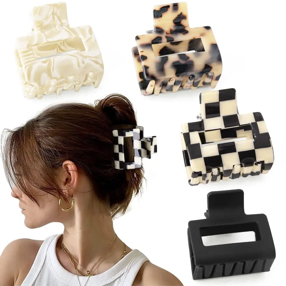 4Pcs/Set Large Rectangle Hair Claw Clips for Thick Hair,Checkerboard Tortoise Shell Acetate Hair Claws,Non-Slip Square Hair Clamps French Twist Accessories for Women Girls,Halloween Christmas Party Gifts,Hand Tools Kits