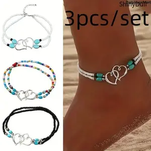 3PCS Boho Beaded Heart Anklet Set - Multi-Layer Charm Anklets for Women