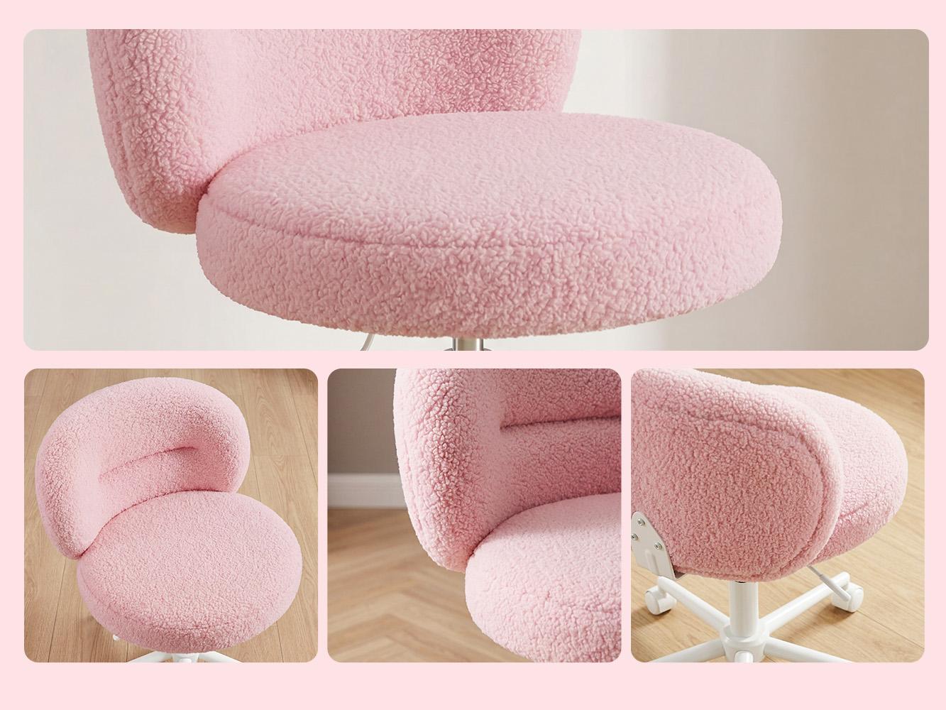 Homkdom  Small Round Vanity Chair with Wheels, Armless Home Office Desk Chairs with Back, Height Adjustable & 360° Swivel, Cute Comfy Vanity Computer Chair for Bedroom, Home Office, White