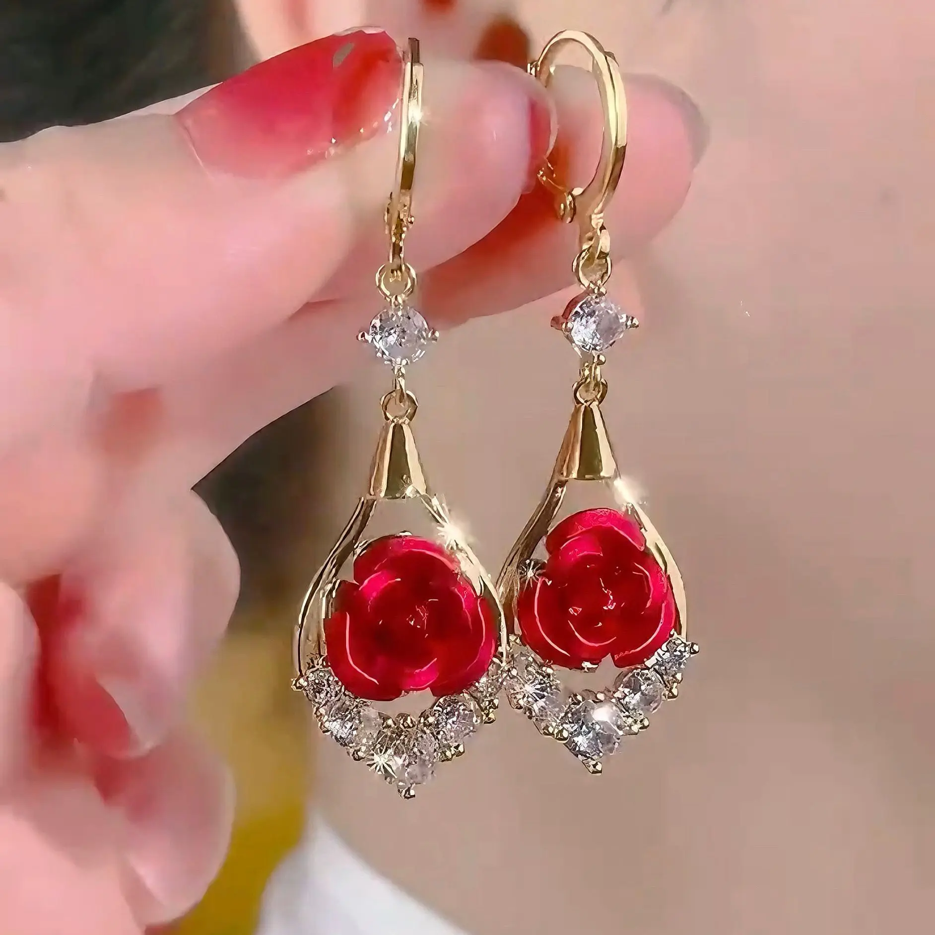 2026 Popular Rose Shape Dangle Earrings, Luxury Sparkle Artificial Gemstone Drop Earrings, Elegant Special Events Jewelry Accessories E50078-EH, Diamond Drop Earrings