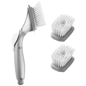 Soap Dispensing Dish Brush with 3 Heads, PP Handle & Curved Bristles for Kitchen
