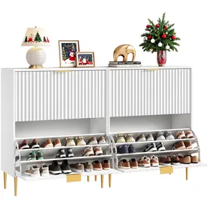 SICOTAS 7-Tier Shoe Cabinet with 2 Fluted Flip Drawers for 28 Pcs High-Gloss Black Modern Shoe Rack Cabinet with Adjustable Shelves Small 31.3"W Wood Shoe Storage Cabinet for Entryway Living Room