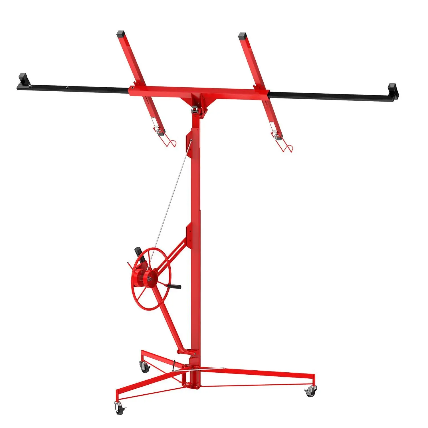 11FT Drywall Lift 150lbs Capacity, Panel Hoist with 360° Swivel & 60° Tilt, Heavy Duty Steel Plasterboard Jack for Ceiling Installation, Tool-Free Assembly, 3 Lockable Casters