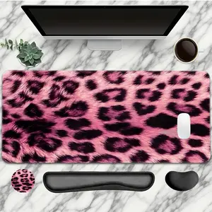4PC Pink Leopard Pattern Mouse Pad With Wrist Support Set, For Women Large Gaming Mouse Pads Desk Mat, 2D HD Print Non-Slip Rubber Base, Size XXL Keyboard Pad Mouse Mat Suitable Office And Home, Mouse Pad For Desk, Cute Mouse Pad, Large Desk Coverage