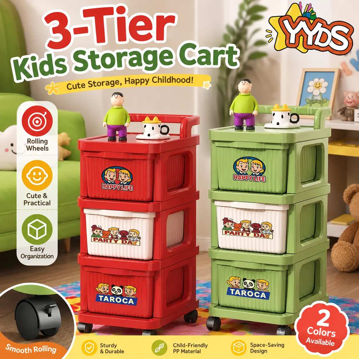 3-tier rolling storage cart with pull-out drawers, large-capacity plastic organizer with top tray, push handle & 4 smooth wheels for kids’ toys, books, clothes, diapers, and craft supplies