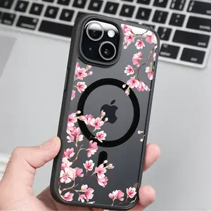 Pink Flower Clear Magnetic Phone Case, Compatible with MagSafe Silicone Bumper Protective Cover For iPhone X XSMAX 11 12 13 14 15 16 Pro Max Plus Girl