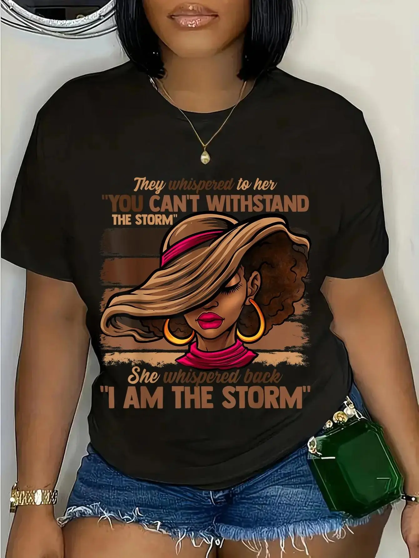 Women's 'I Am The Storm' Graphic T-Shirt, Black Empowerment Melanin Print, Casual Streetwear, 100% Cotton, Short Sleeve Round Neck, Tshirt, Bold Illustration Graphic Women's T-Shirts