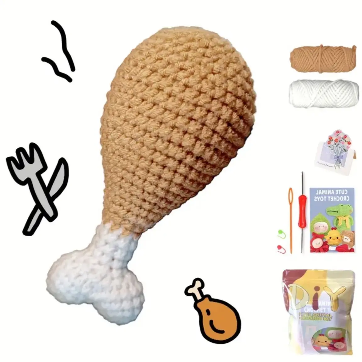 The CHIBBIES Crochet Craft Kit, DIY Amigurumi  Chicken Leg Beginners Tools, Video Tutorials, Patterns, And Accessories, Mixes Colors Fabrics Yarn, All Season