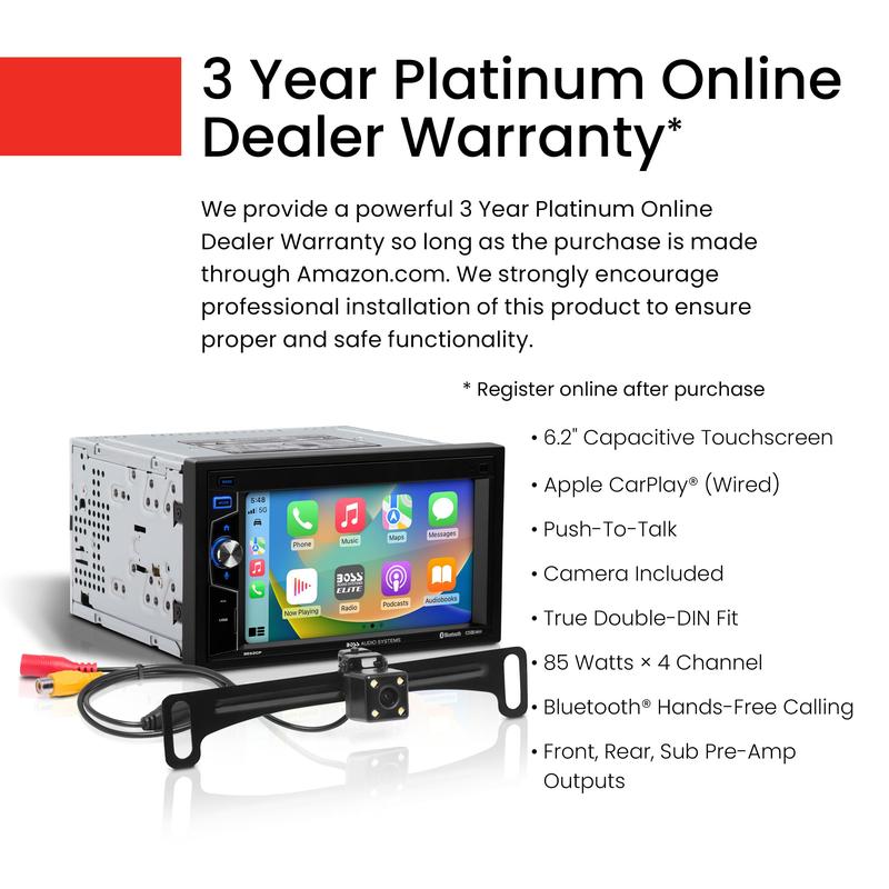 BOSS Audio BE62CP-C Car Stereo AM FM Bluetooth Apple CarPlay with 6.2" Touchscreen & Backup Camera for Enhanced Driving Experience