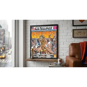 New York Post Newspaper Frame, Black Wood, Blue & Orange Mat, UV Acrylic, Holds Full Paper