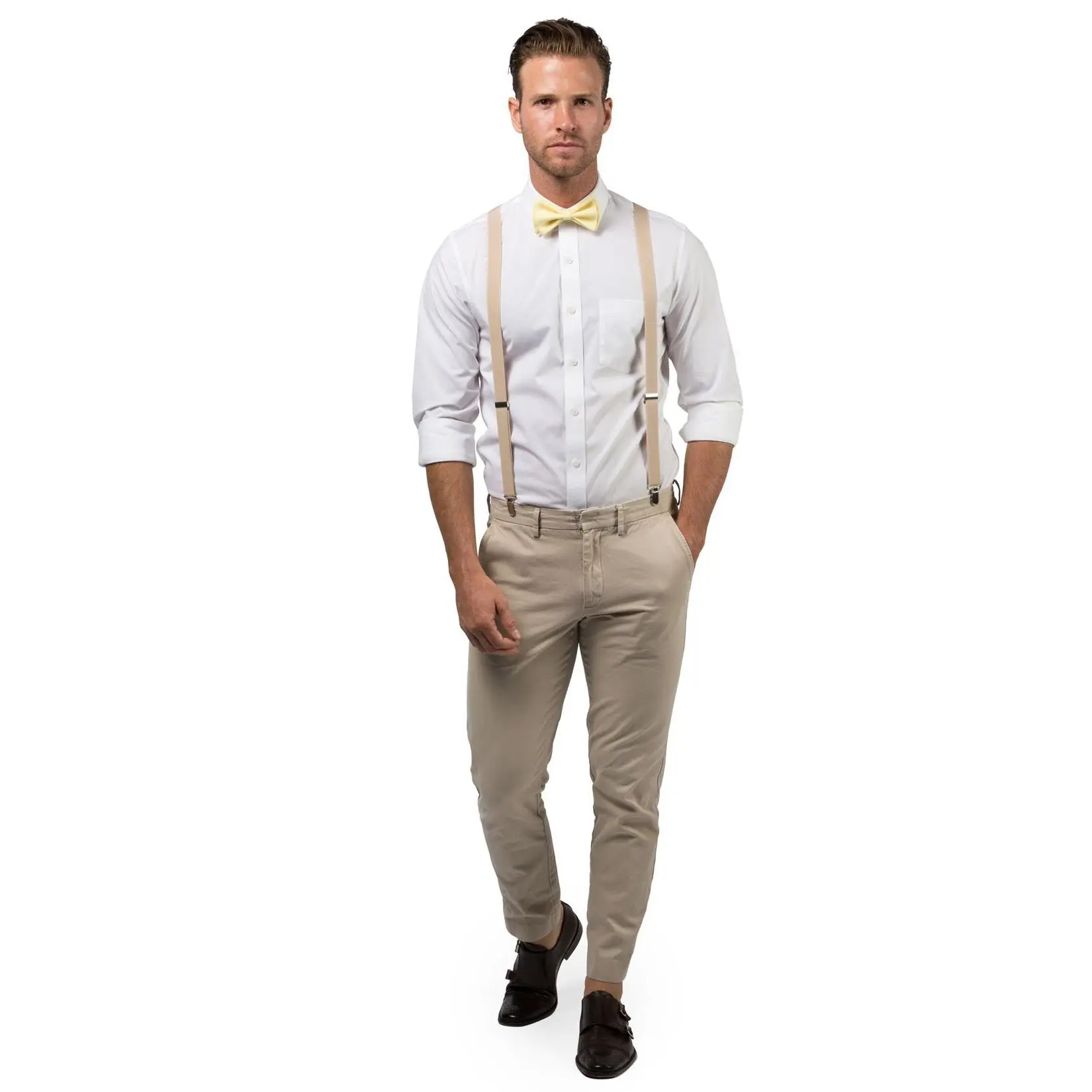 Beige Suspenders & Yellow Bow Tie