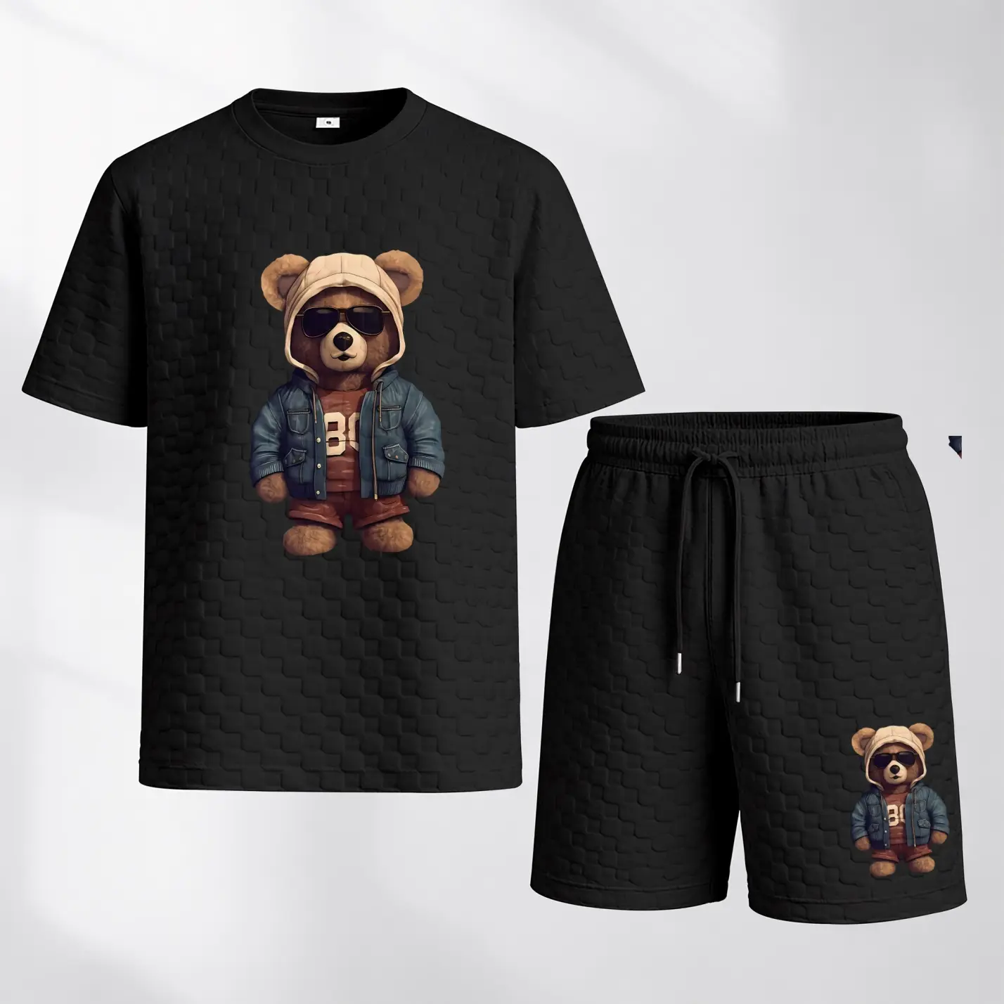 Men's Spring And Summer Street Cool Bear Print With Red And Black Line Checkered Fabric Drawstring Shorts Set, Casual Summer Outfit With Short-Sleeved Shirt And Shorts, Ideal For Everyday Wear And Sports Activities