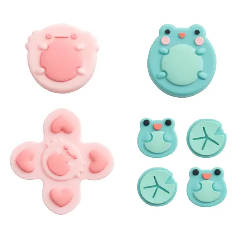 GeekShare Cute Frog & Axolotl Theme Silicone Game Console Accessories Set - 1 D-Pad Button Cap, ABXY Key Stickers, Joystick Cover for Switch/OLED Controllers, 5-Minute DIY Cap Swap, Wrap-On Grip Hold, Easy to Apply
