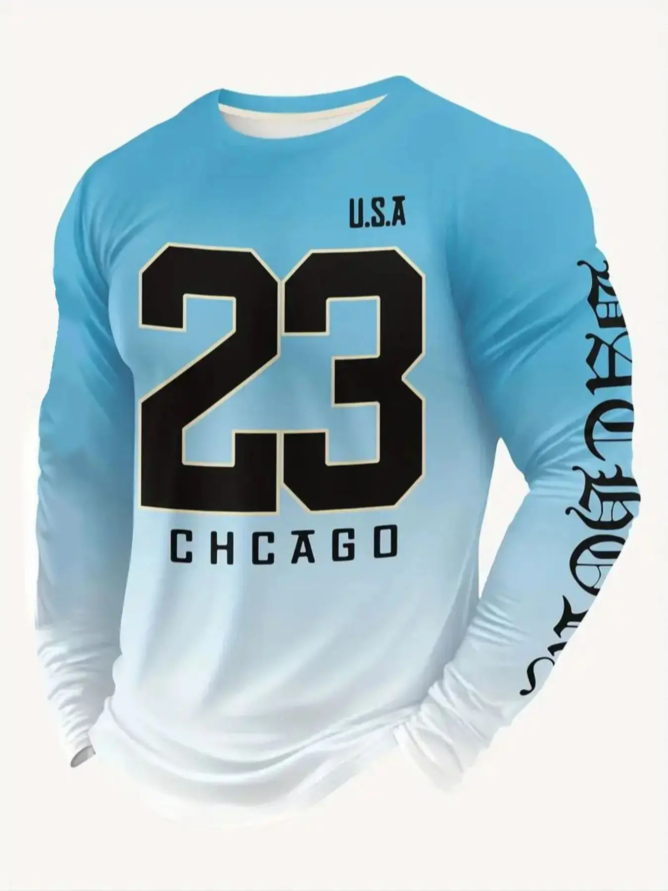 Men's Light Blue Long Sleeve T-Shirt, Menswear, Bold '23' & Chicago Print, Geometric Design, Casual Streetwear Fitted Fit