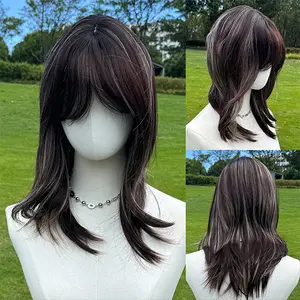 SMILCO/18Inch Highlight Beige with Black Tea Medium Curly with Bangs Synthetic Wig/SM468-3