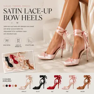 GOGD Women's Satin Ballet Heels Square Toe Stiletto Slingback Pumps Bow Lace Up Ankle Wrap Bridal Wedding Bridesmaid Party Date Night Spring Midnight Ballerina Dressy Shoes