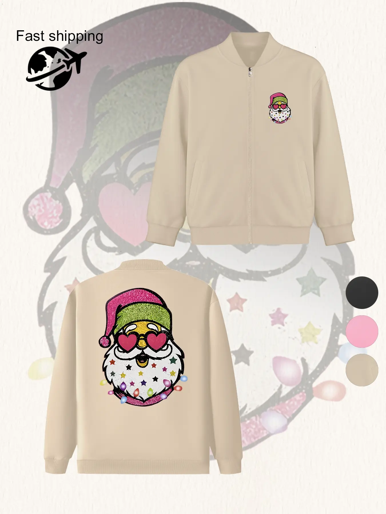 Santa Print Long Sleeve Jacket, Women's Zipper Coat, Casual Daily Wear, Comfortable Fashion Design, Ideal Gift, All Seasons
