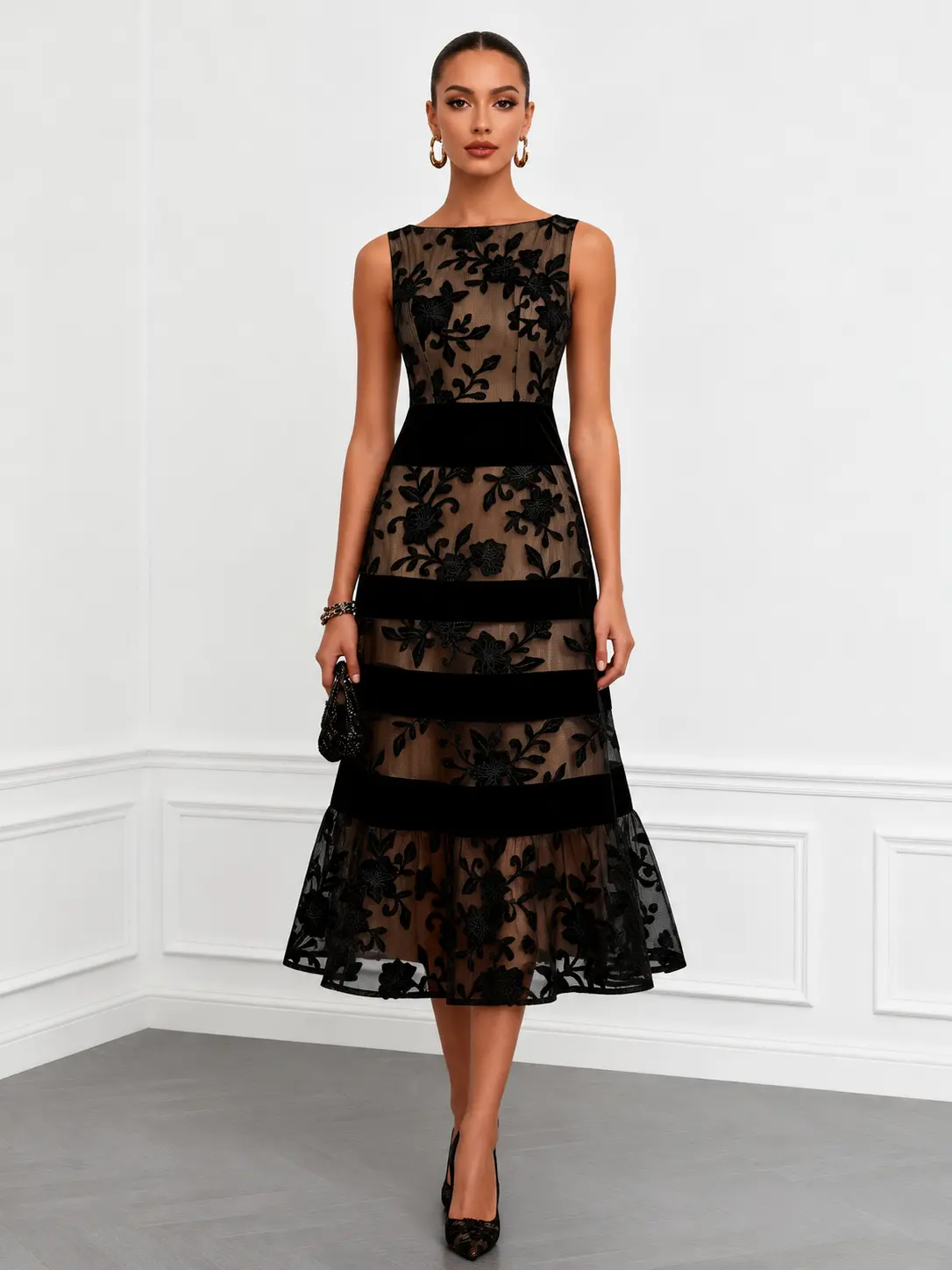 FEHAUTE Black Mesh Lace Jacquard Boat Neck Sleeveless Cocktail Party Wedding Guest Evening Dress Midi Dress Elegant Velvet Striped A-Line Dress