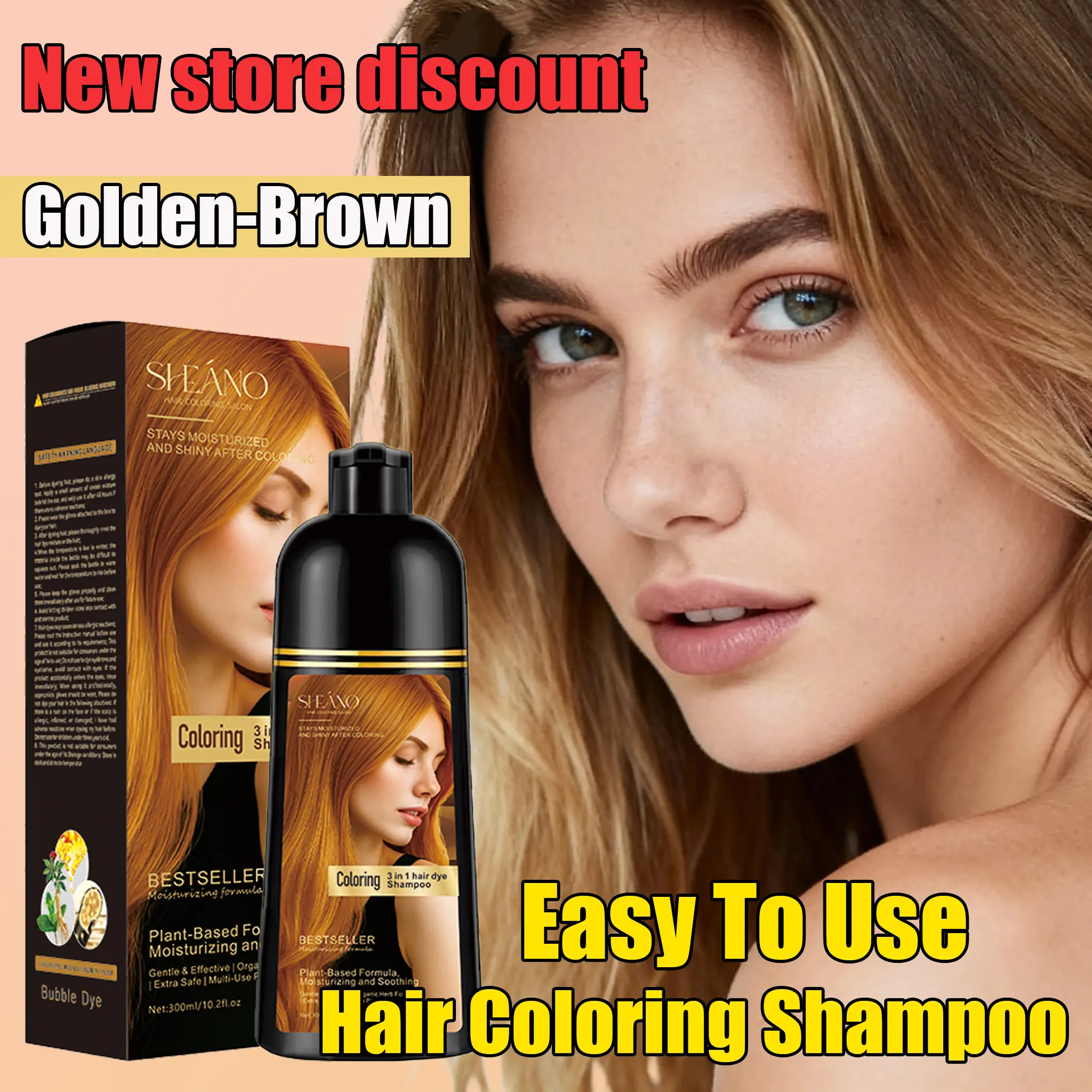 Golden-Brown 3-in-1 Hair Dye Shampoo,—Colors Instantly with a Single Wash. 99.9% Complete Coverage | Plant-Based Formula, Gentle on Hair.Dye + care + style – all in one Professional quality for men & women. No salon needed