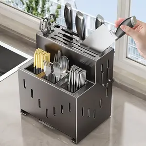 Wall Mounted Kitchen Knife Storage Rack, 1PC Dual Use Countertop Utensil Organizer Kitchenware with Thickened Material and Drainage Dry-Wet Separation, Suitable for Modern Kitchen Knife Spoon and Chopsticks Storage