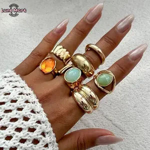 Women's Non-Tarnish Gold Funky Rings Set - Unique Chunky Gemstone Stackable Open Knuckle Rings, Vintage Rave Rock Costume Jewelry Accessories Pack