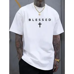 Men'S Casual Crew Neck T-Shirt with Cross & "BLESSED" Letter Print, 100% cotton Knit Fabric, Regular Fit Short Sleeve Tee for Summer, Comfortable & Versatile Weekend Casual Wear, Everyday Tshirt | Sleek Black Tee | Lightweight Fabric