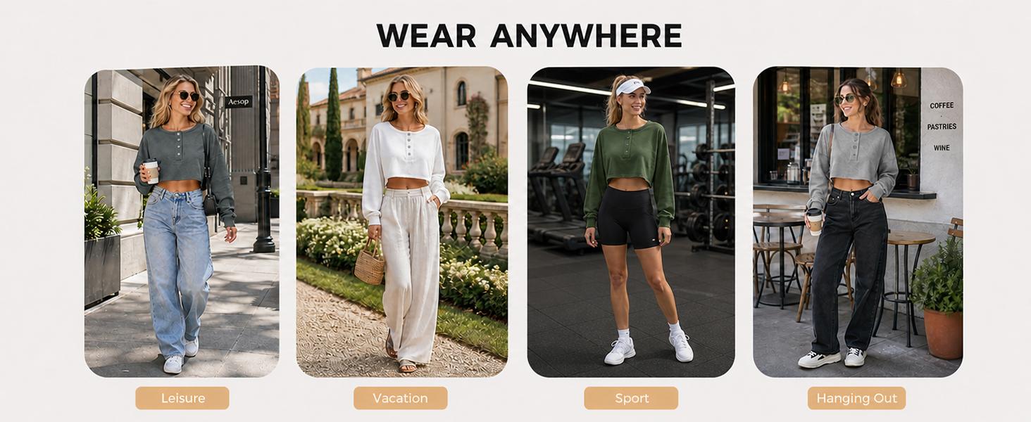 Fisoew Womens Long Sleeve Sweatshirt Tops Cropped Henley Neck Loose Fit Casual Workout Pullover Tee Shirts Fall Fashion,back to school,back to school shopping,clothes for back to school,first day of school outfits